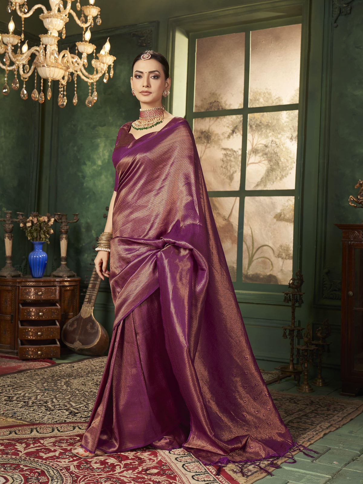 Traditional purple Banarasi saree with zari work and matching blouse for weddings and festivals.