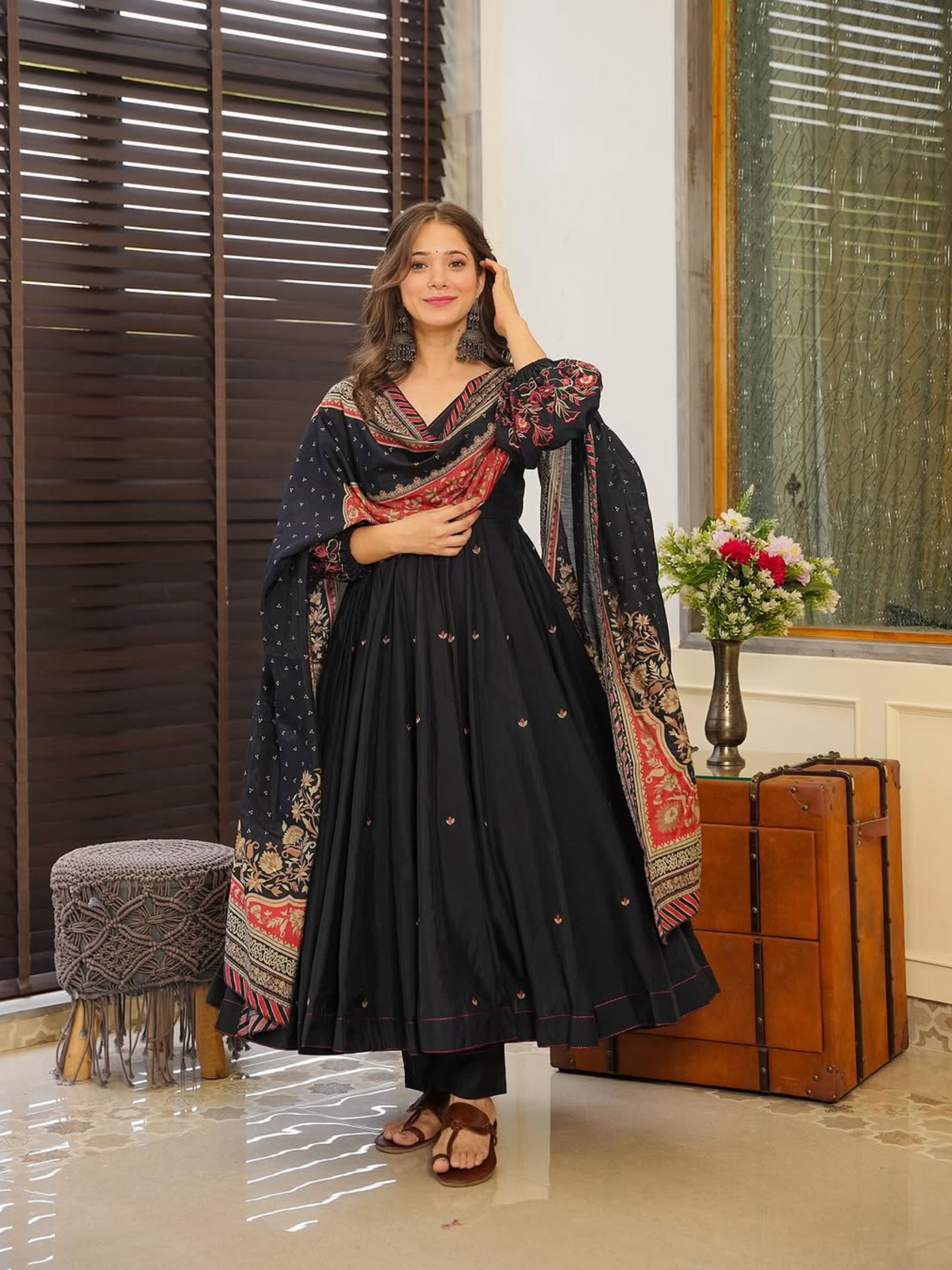 Black Cotton Anarkali with Digital Print Dupatta and Buttersilk Pants