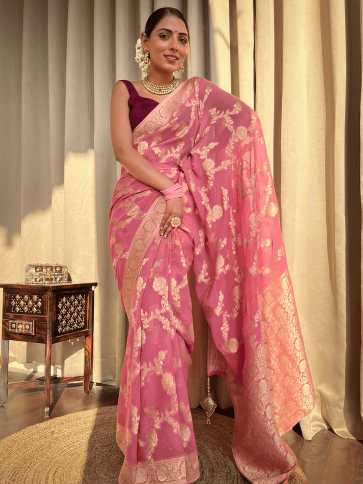 Blush Elegance Banarasi Khaddi Georgette Saree with Golden Zari Weave