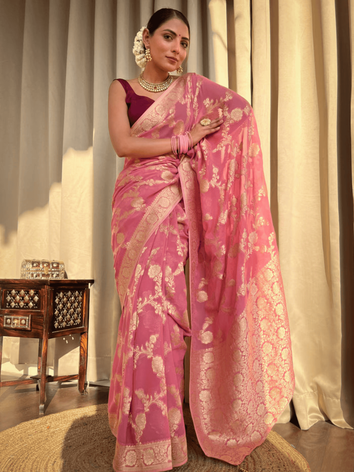 Blush Elegance Banarasi Khaddi Georgette Saree with Golden Zari Weave