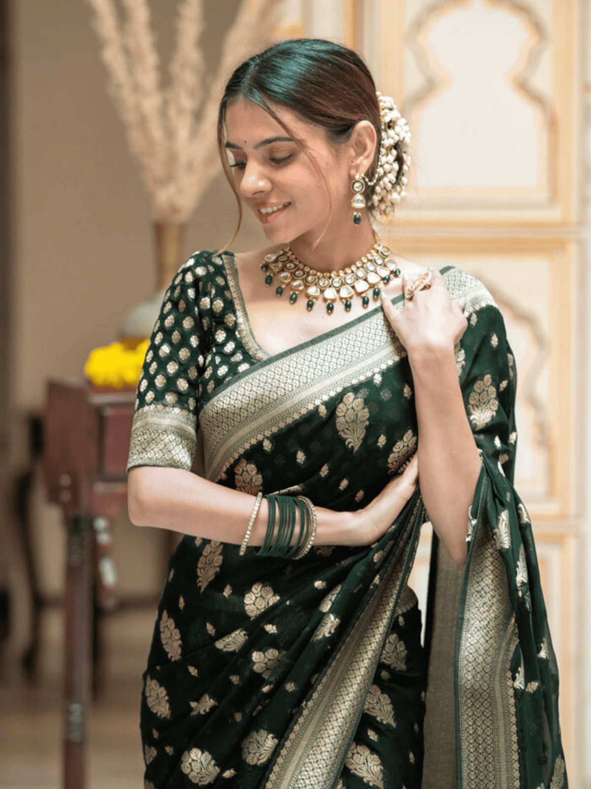 Bottle Green Splendor Georgette Saree with Banarasi Khadi Patterns