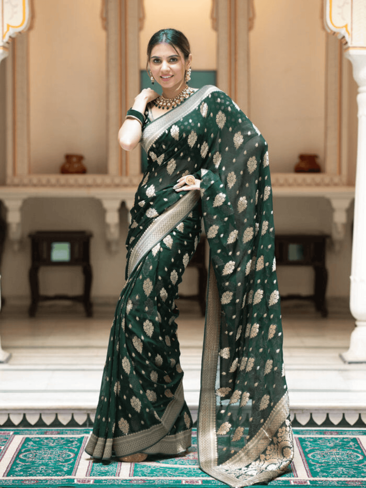 Bottle Green Splendor Georgette Saree with Banarasi Khadi Patterns