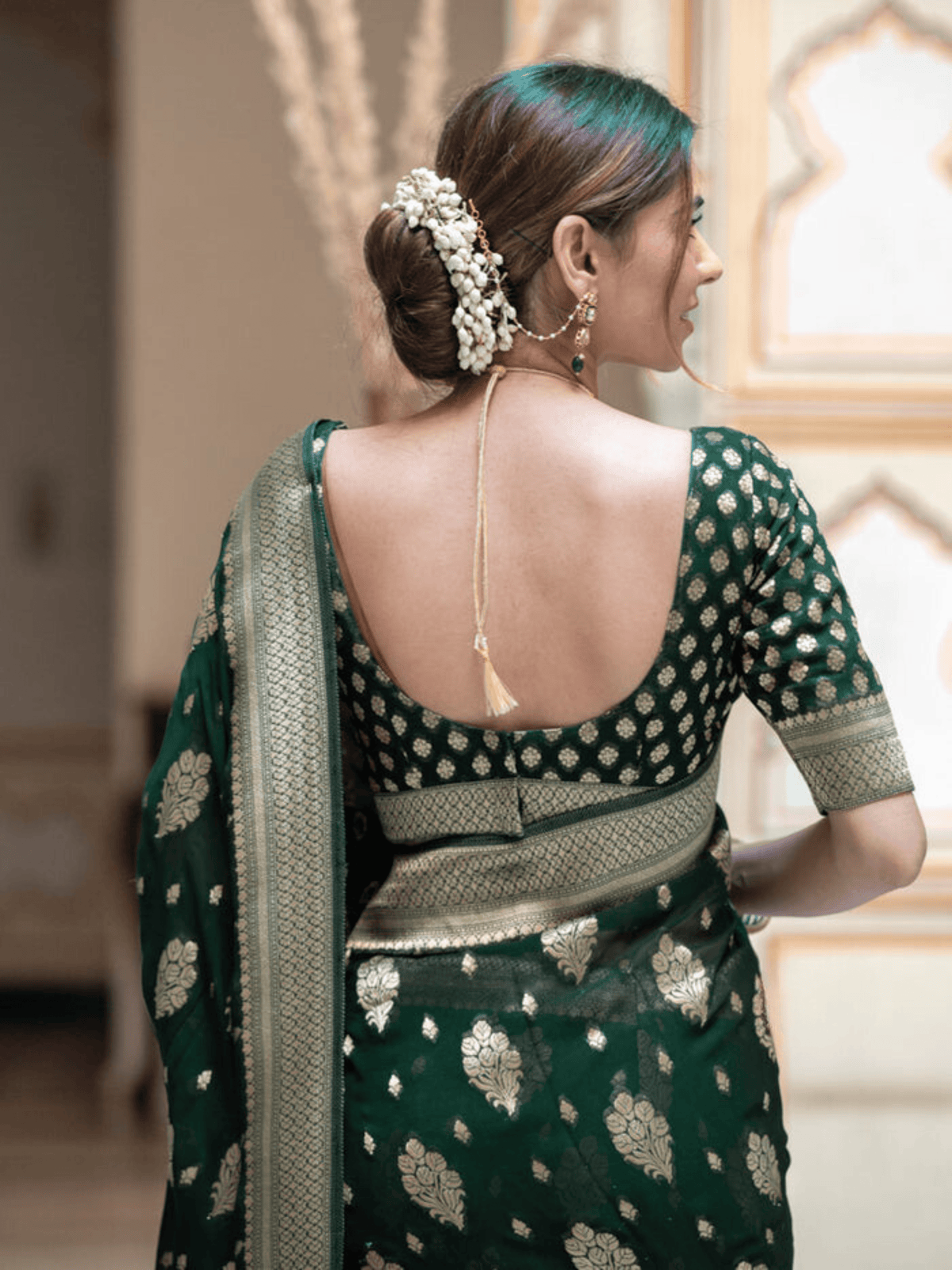 Bottle Green Splendor Georgette Saree with Banarasi Khadi Patterns