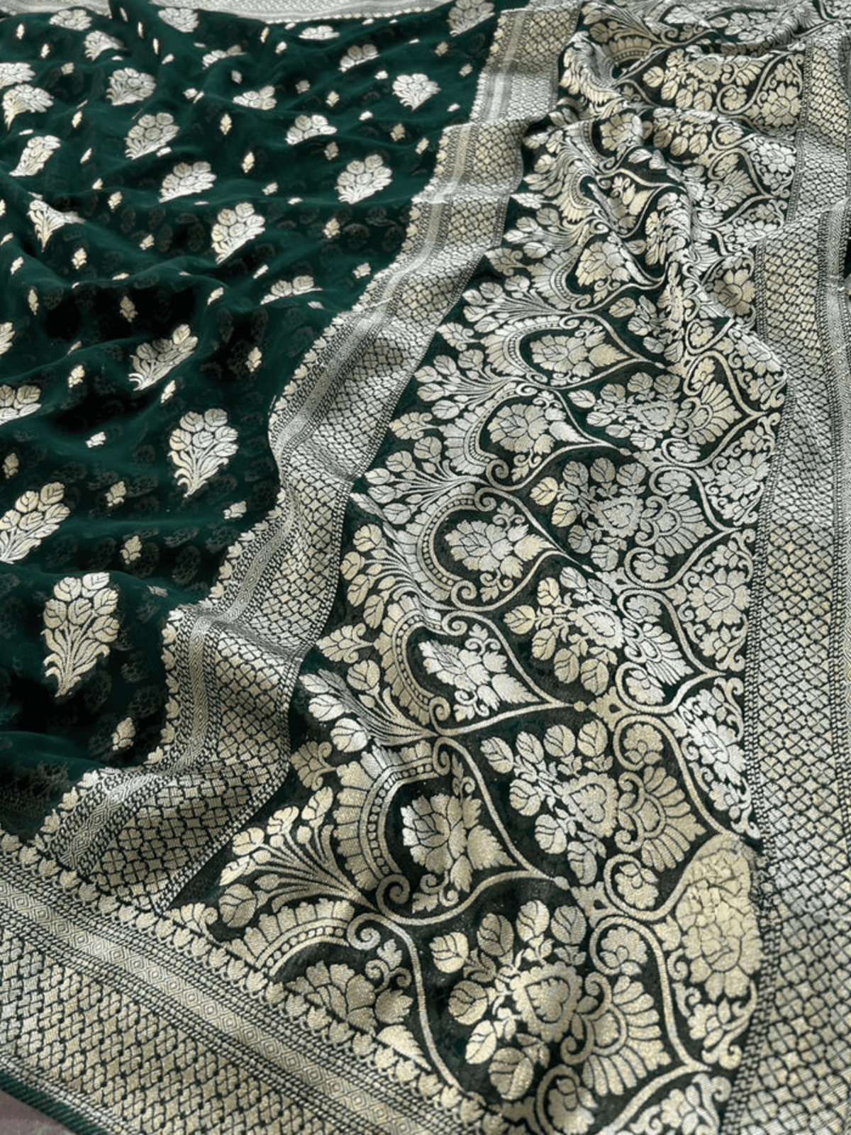Bottle Green Splendor Georgette Saree with Banarasi Khadi Patterns