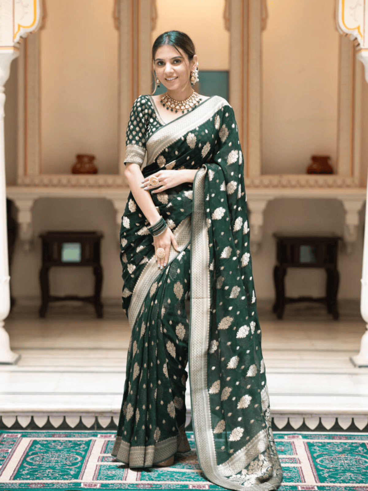 Bottle Green Splendor Georgette Saree with Banarasi Khadi Patterns