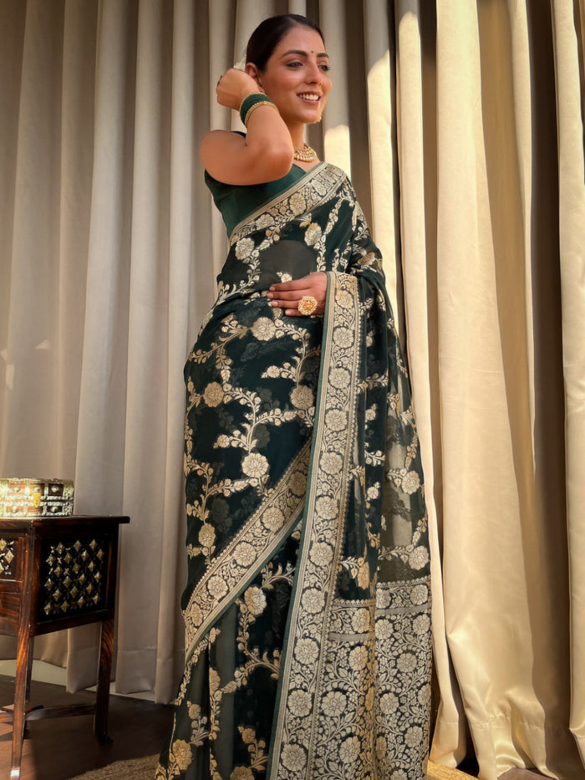 Exquisite Green Banarasi Khaddi Georgette Saree with Golden Zari Work