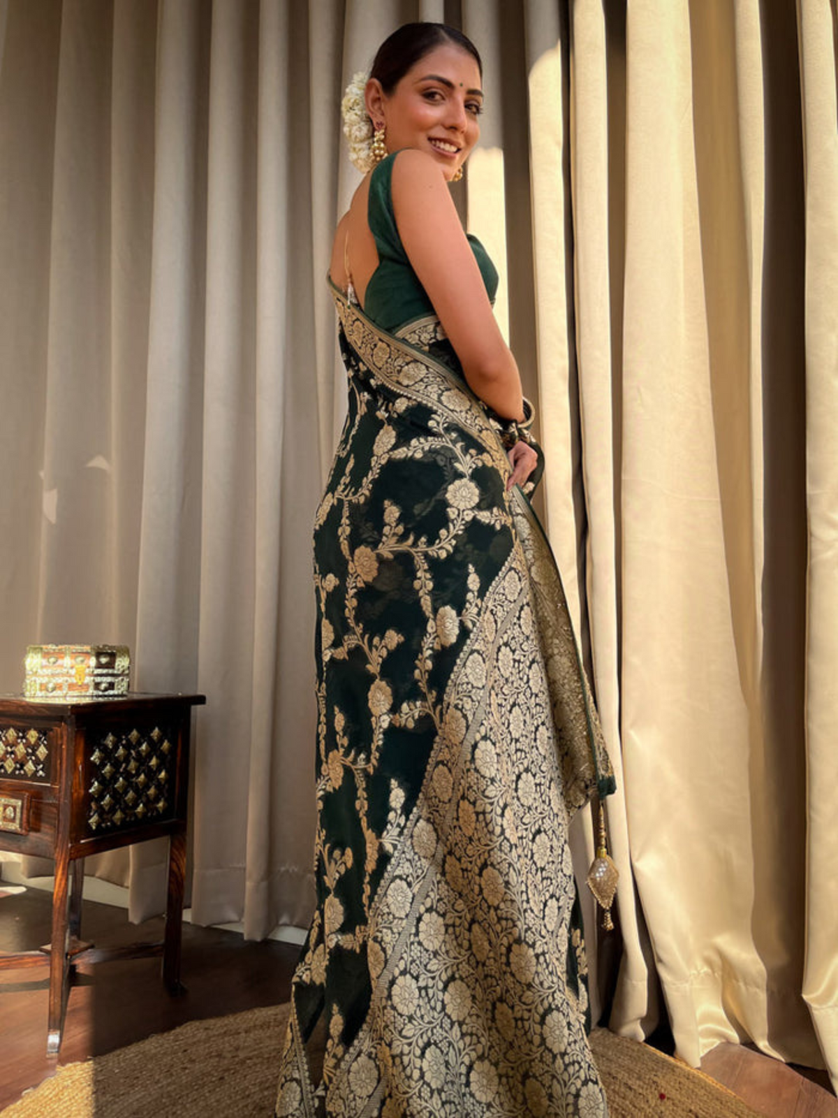 Exquisite Green Banarasi Khaddi Georgette Saree with Golden Zari Work