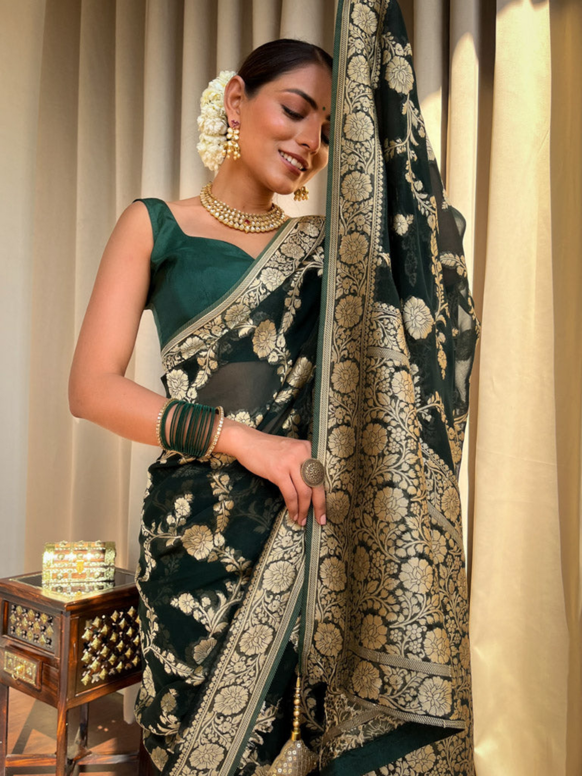 Exquisite Green Banarasi Khaddi Georgette Saree with Golden Zari Work
