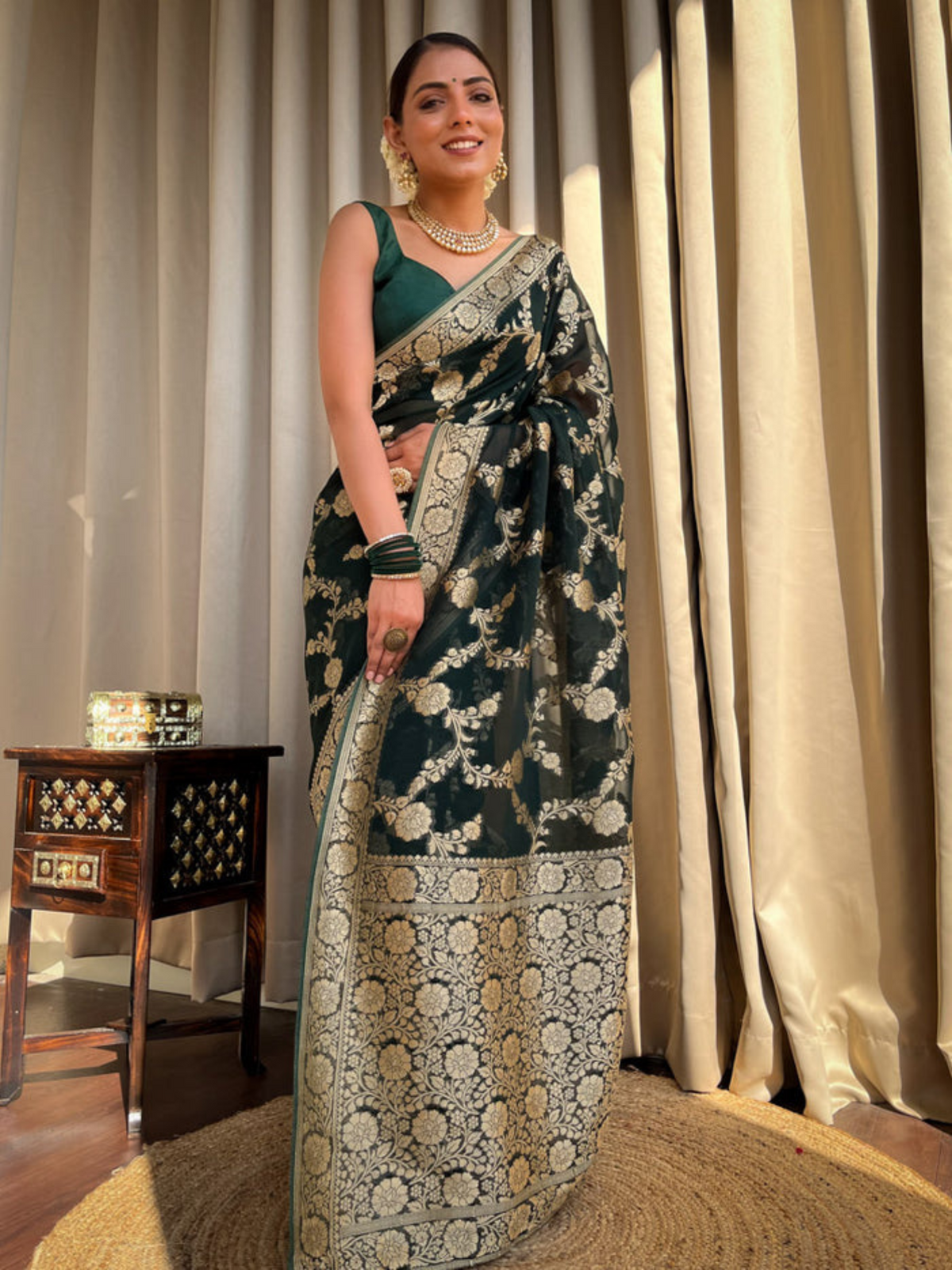 Exquisite Green Banarasi Khaddi Georgette Saree with Golden Zari Work