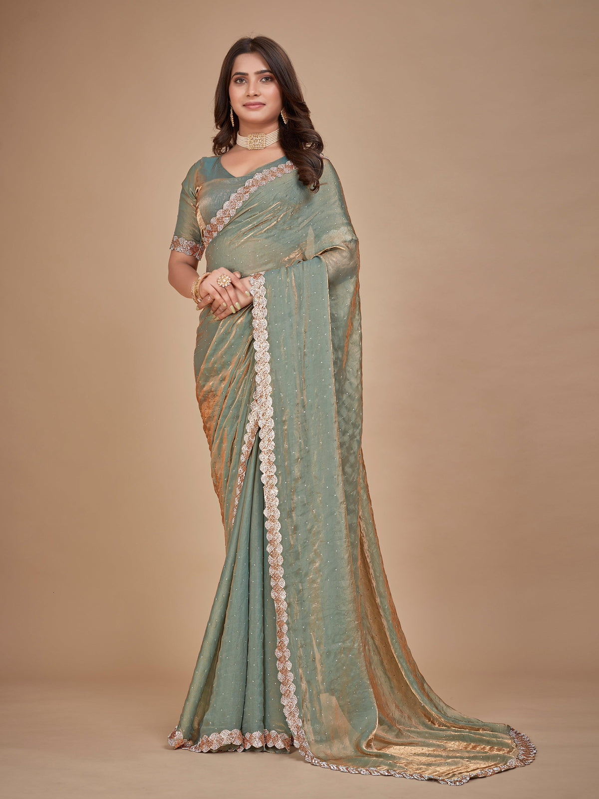 Green Organza-Satin-Soft Designer Saree With Border Work And Blouse