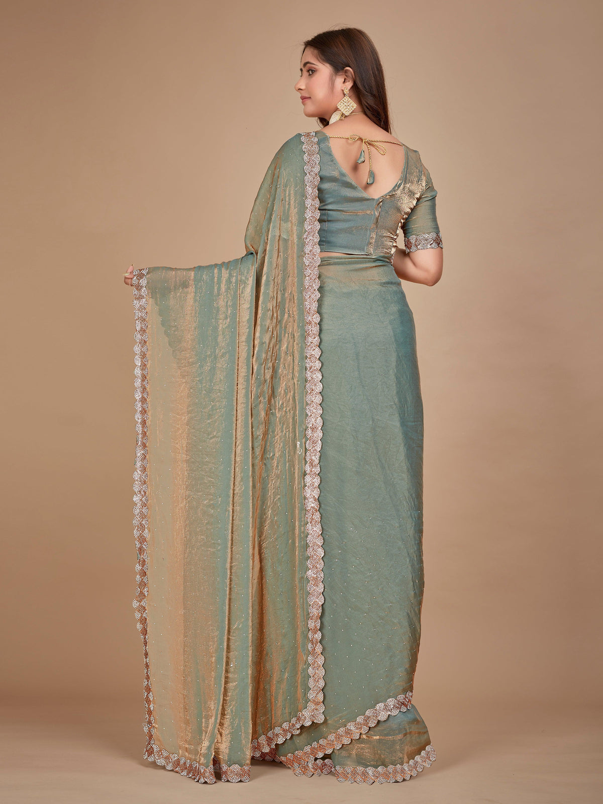 Green Organza-Satin-Soft Designer Saree With Border Work And Blouse