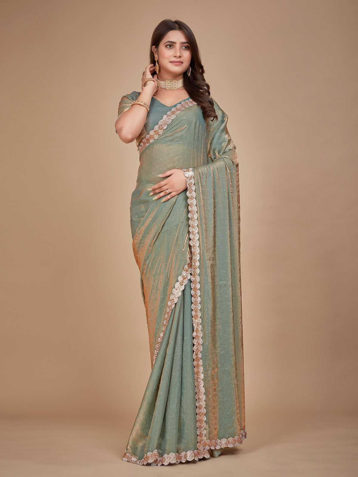 Green Organza-Satin-Soft Designer Saree With Border Work And Blouse
