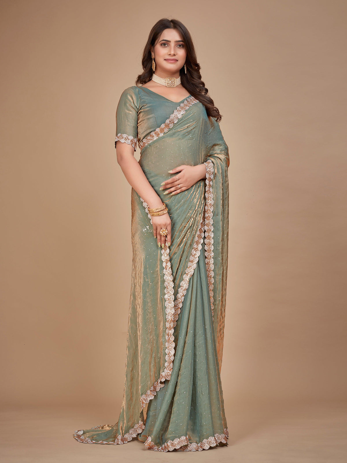 Green Organza-Satin-Soft Designer Saree With Border Work And Blouse