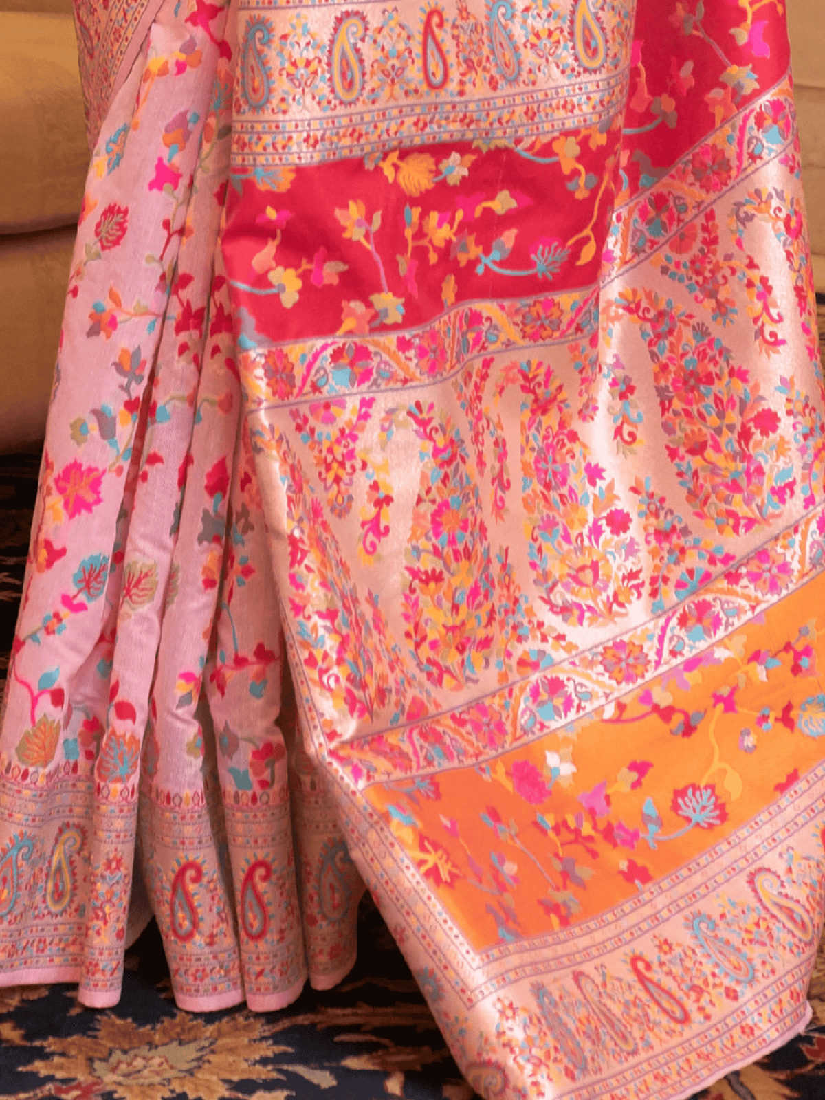 Kashmiri Floral Pink Pashmina Saree with Pure Zari Weaving