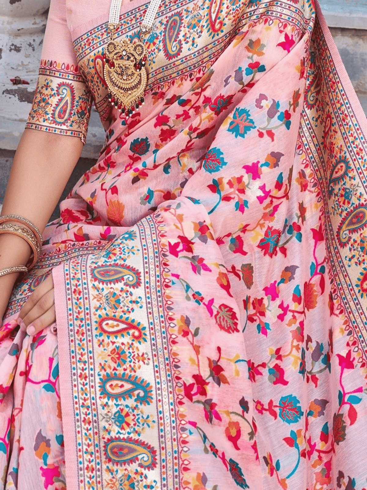 Kashmiri Floral Pink Pashmina Saree with Pure Zari Weaving