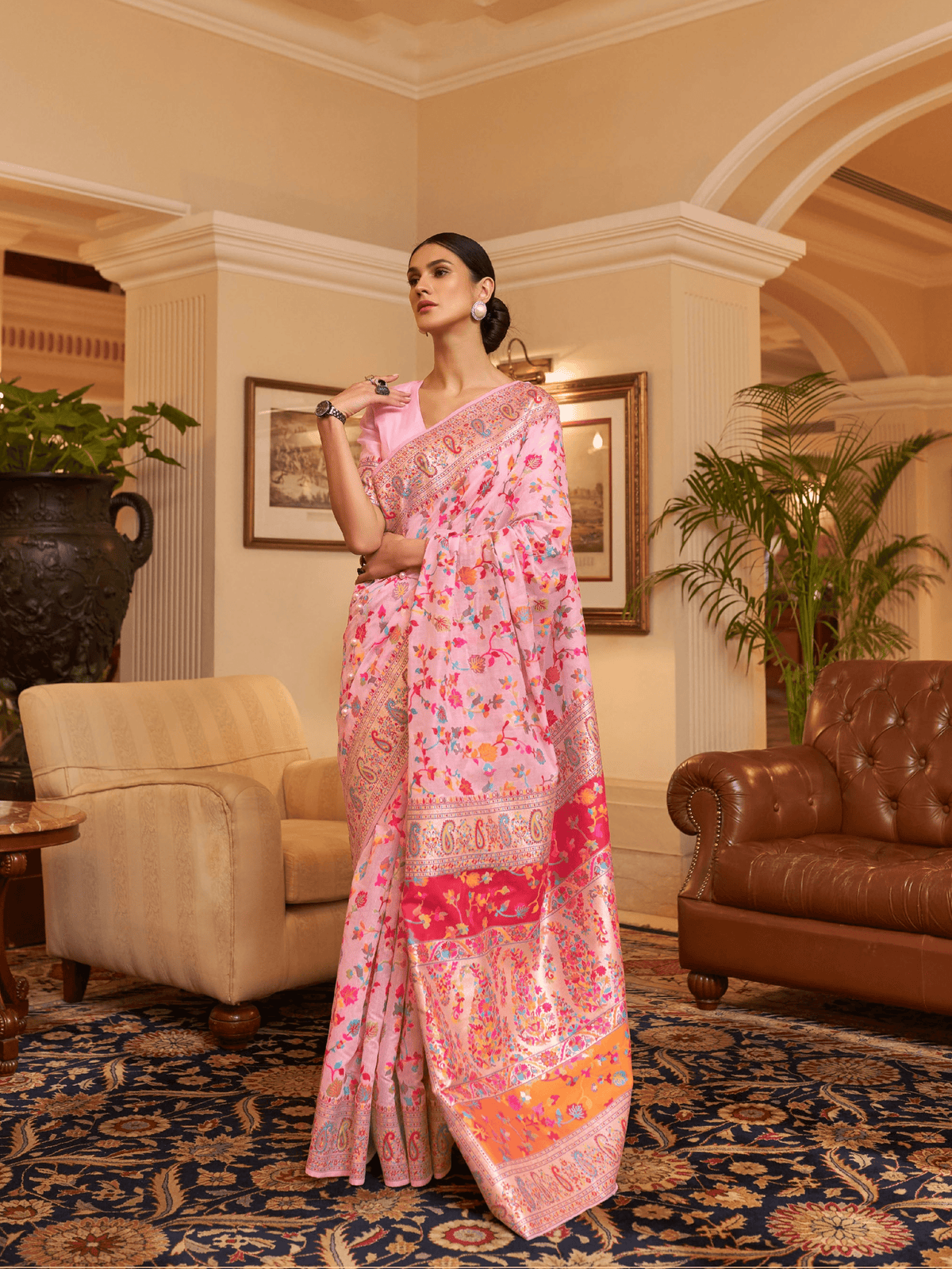 Kashmiri Floral Pink Pashmina Saree with Pure Zari Weaving