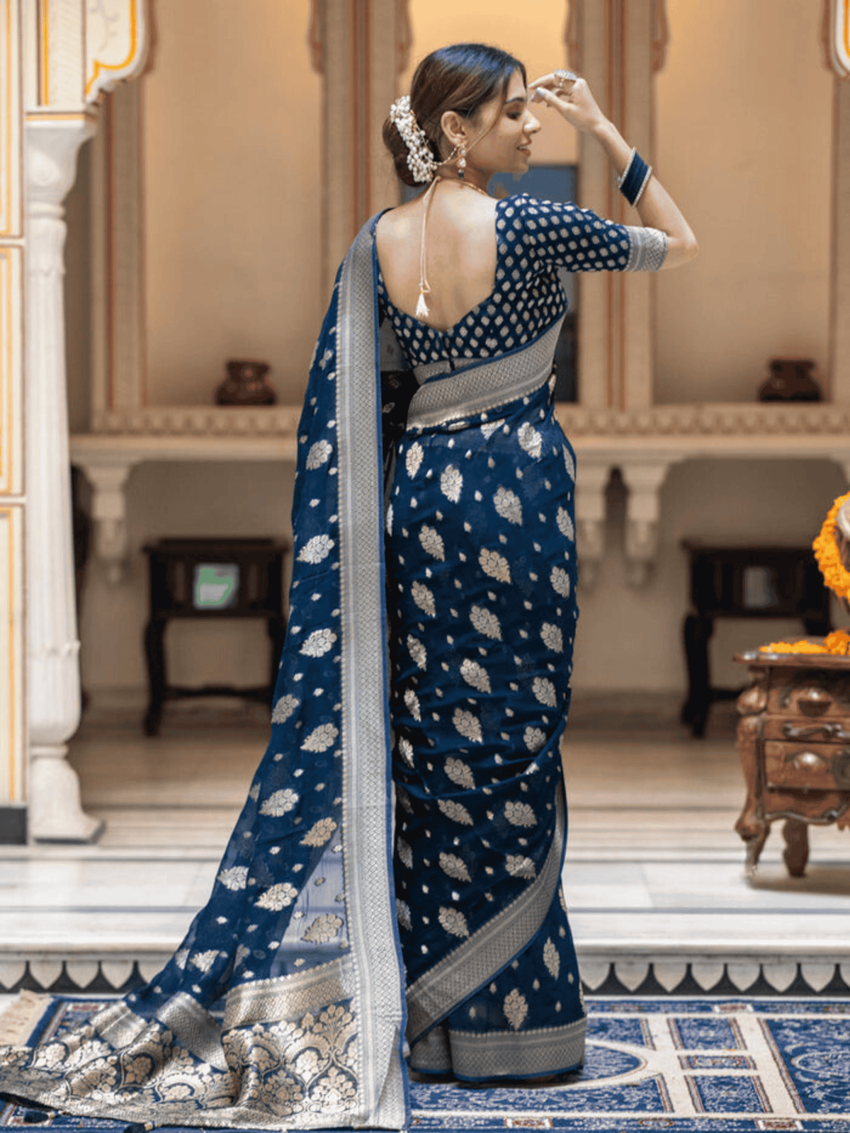 Majestic Midnight Blue Banarasi Khaddi Georgette Saree with Silver Zari Work