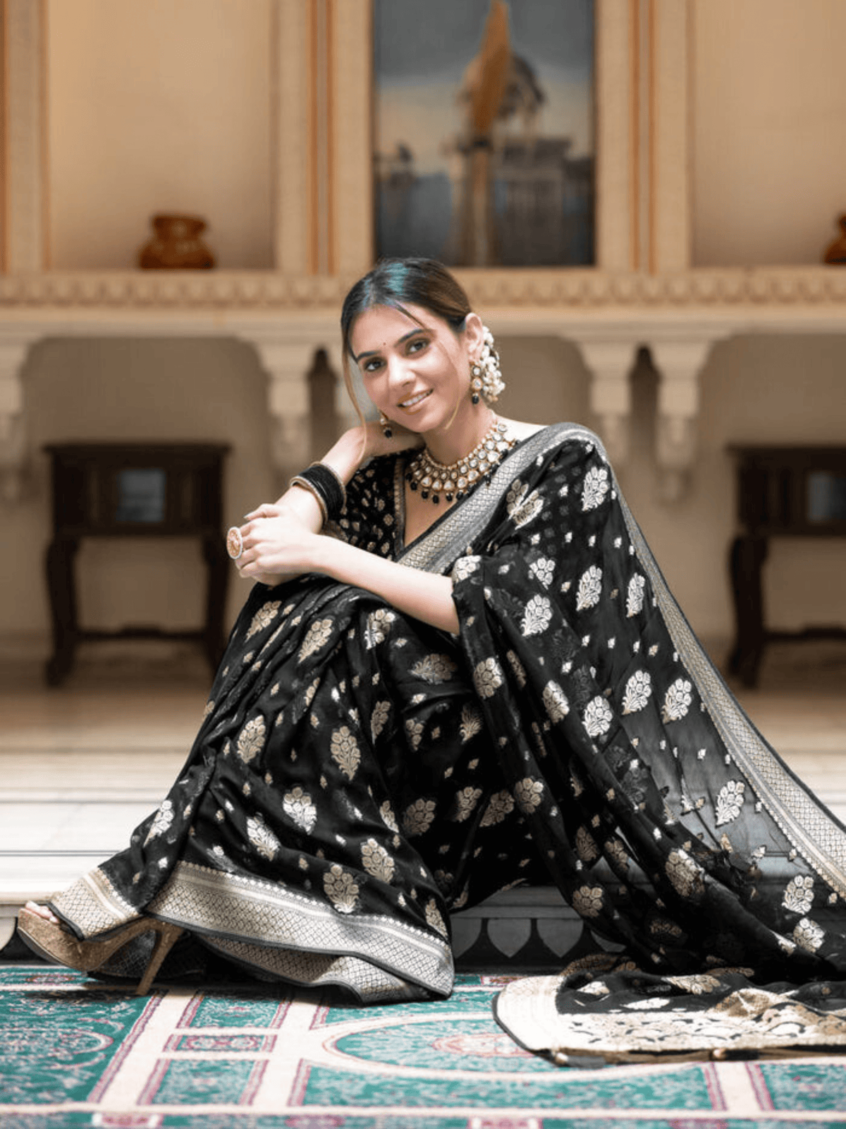 Midnight Black Georgette Saree with Banarasi Khaddi Patterns