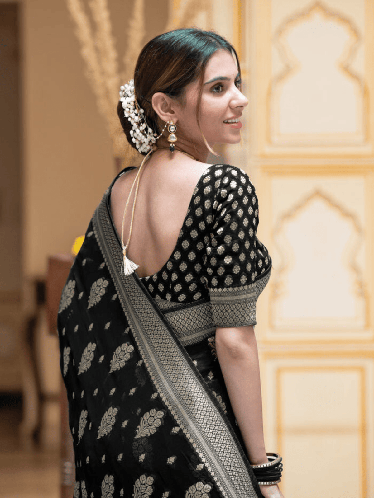 Midnight Black Georgette Saree with Banarasi Khaddi Patterns