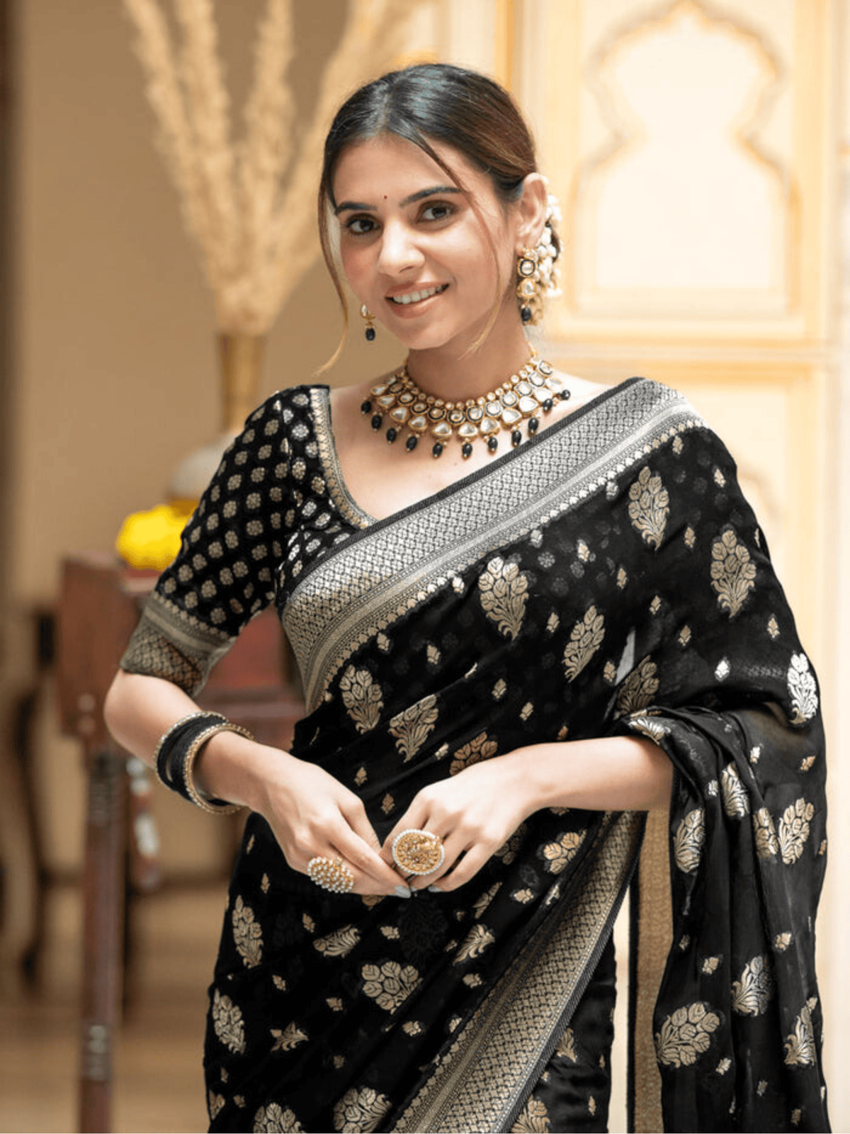 Midnight Black Georgette Saree with Banarasi Khaddi Patterns