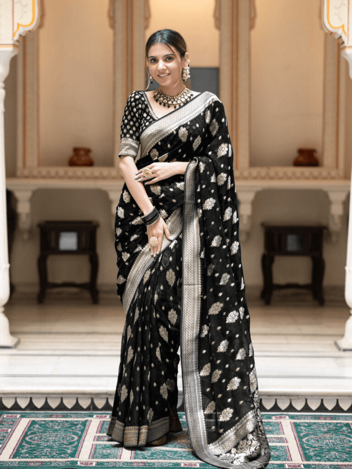 Midnight Black Georgette Saree with Banarasi Khaddi Patterns