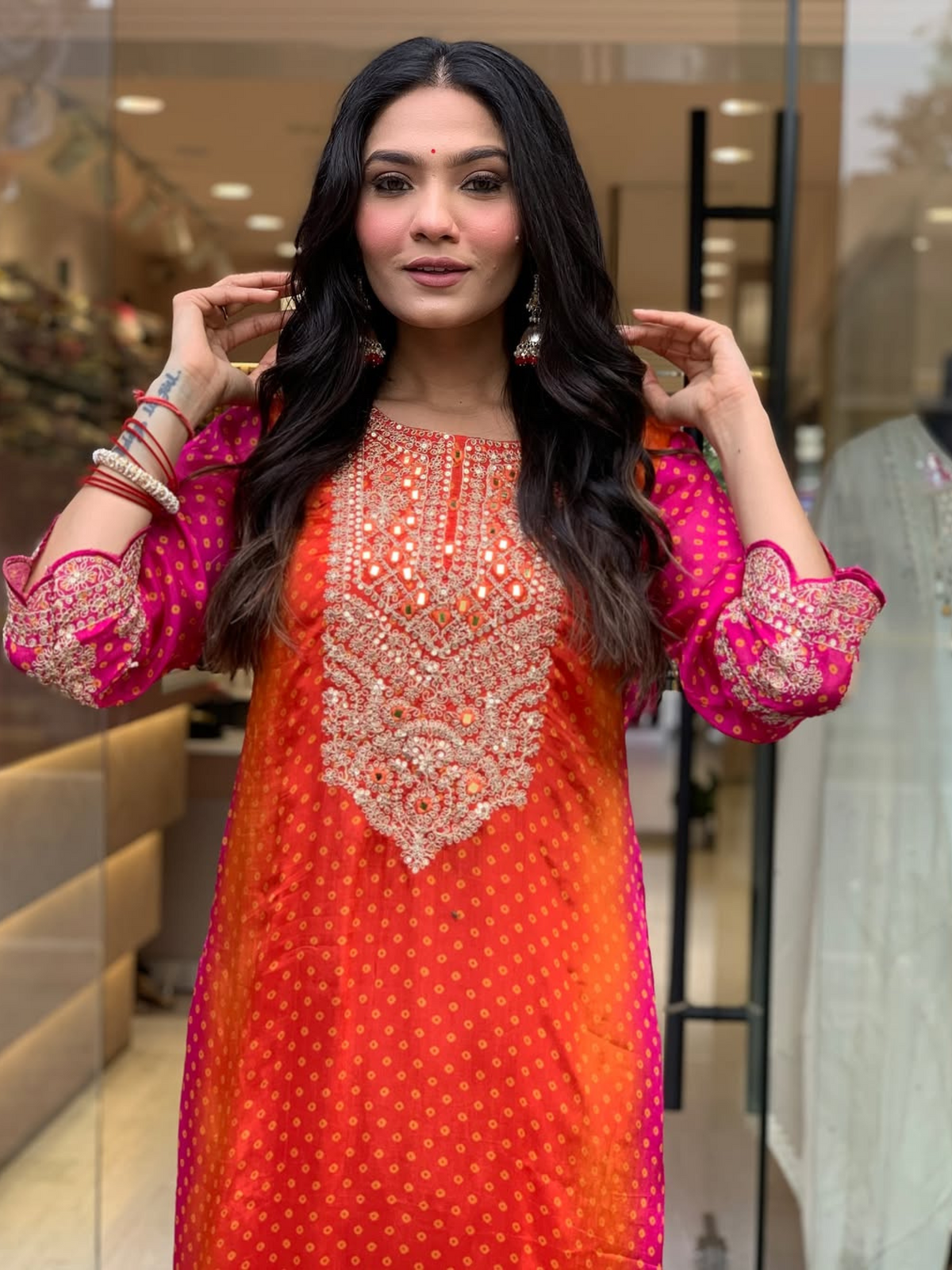 Orange-Pink Chinon Multicolor Printed Suit with Gold Print Dupatta