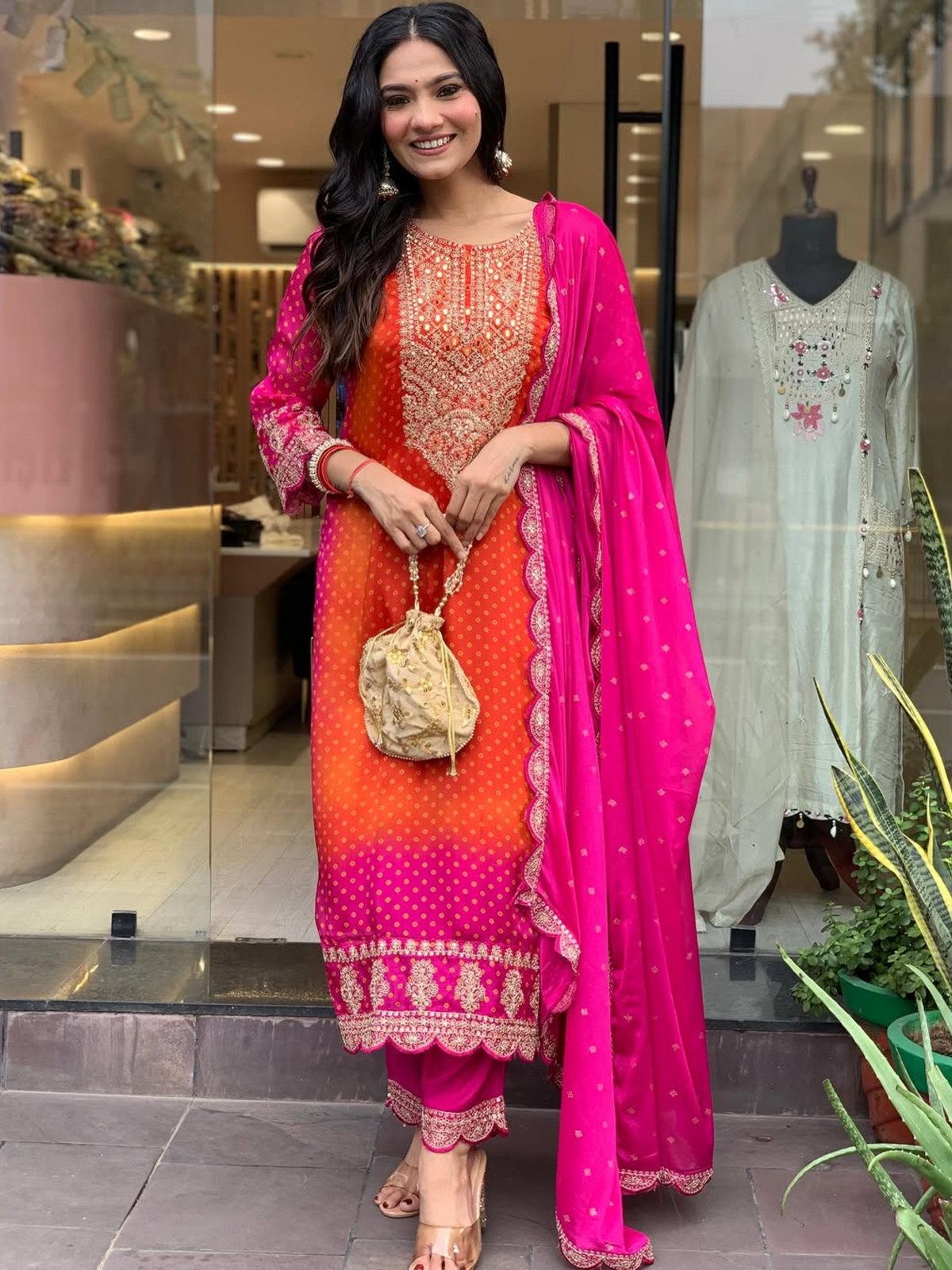 Orange-Pink Chinon Multicolor Printed Suit with Gold Print Dupatta