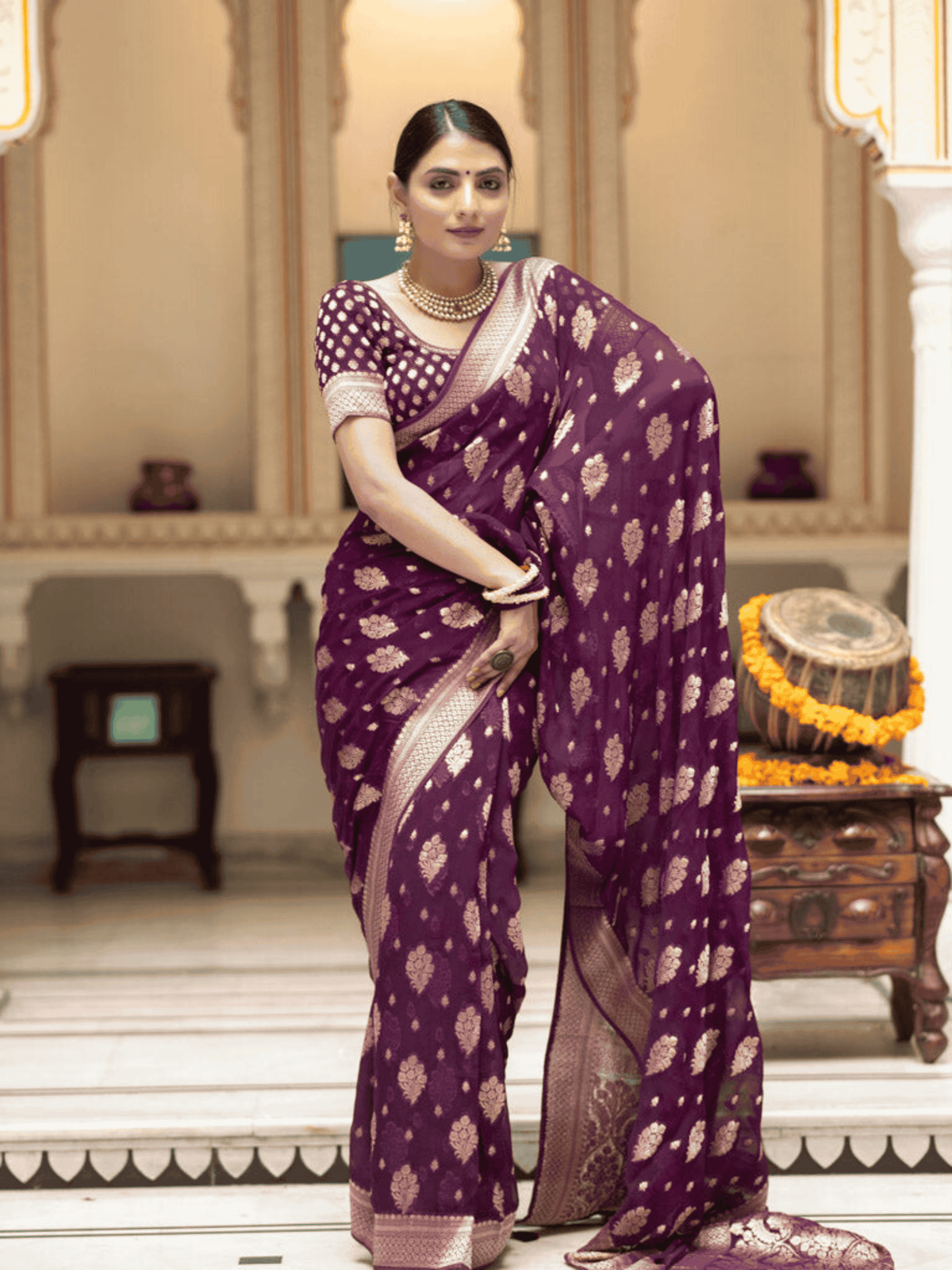 Plum Wine Banarasi Khaddi Georgette Saree with zari weave