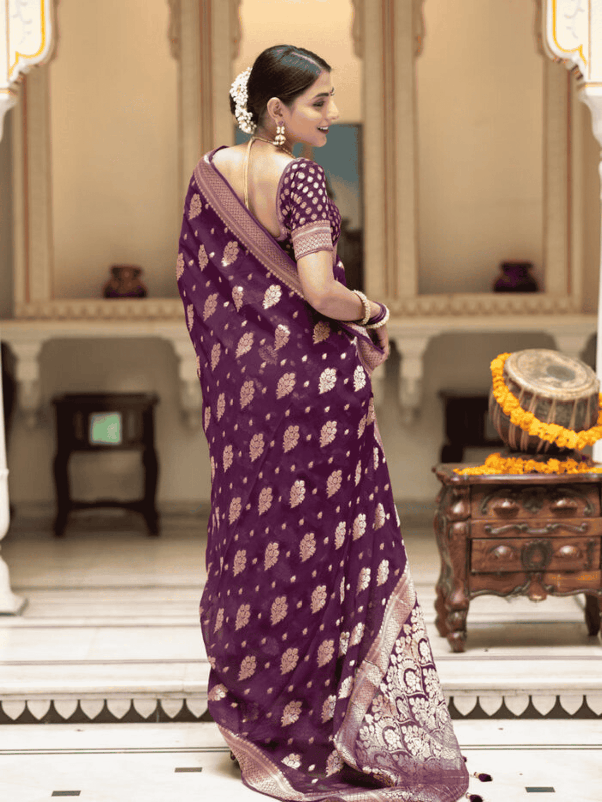 Plum Wine Banarasi Khaddi Georgette Saree with zari weave