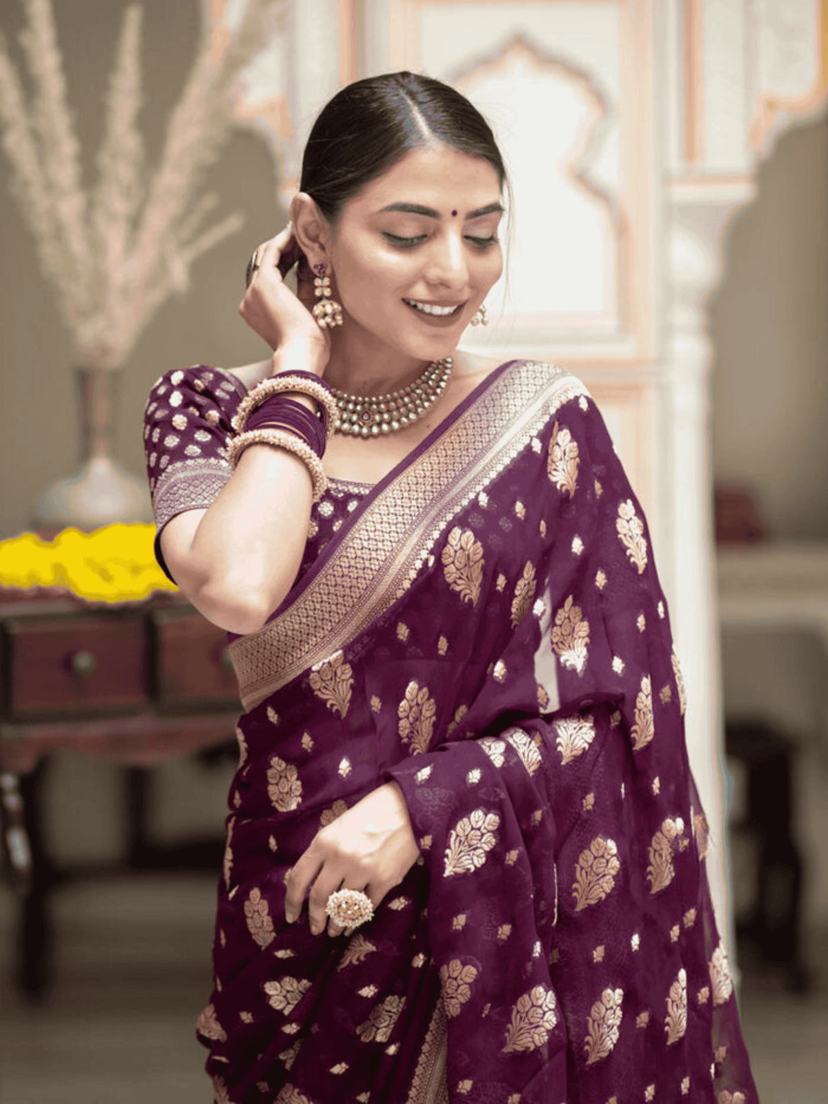 Plum Wine Banarasi Khaddi Georgette Saree with zari weave