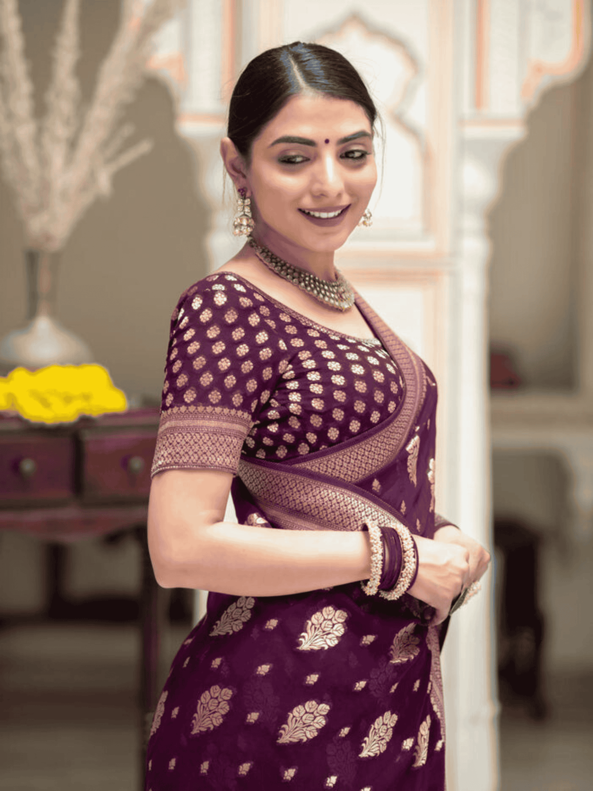 Plum Wine Banarasi Khaddi Georgette Saree with zari weave