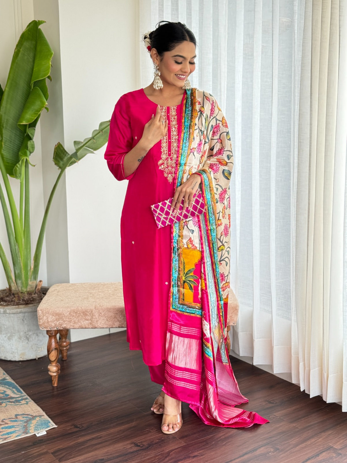Premium Fuchsia Dola Silk Suit with Gaji Silk Lakri Patta Dupatta