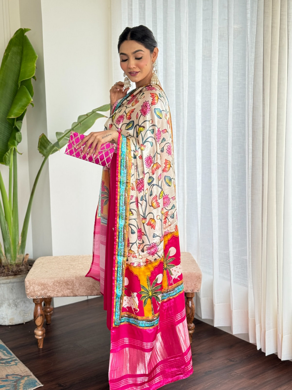 Premium Fuchsia Dola Silk Suit with Gaji Silk Lakri Patta Dupatta