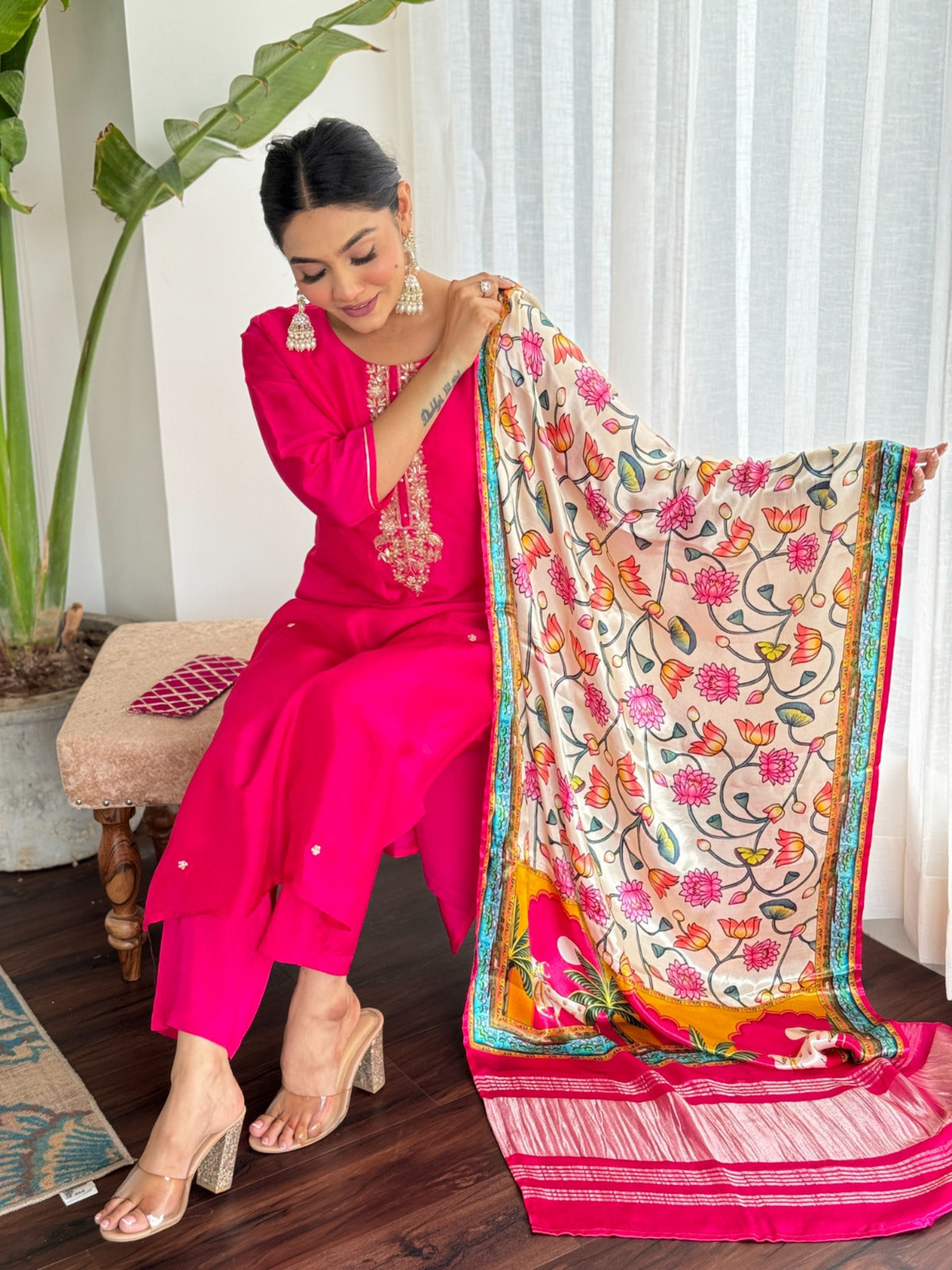 Premium Fuchsia Dola Silk Suit with Gaji Silk Lakri Patta Dupatta