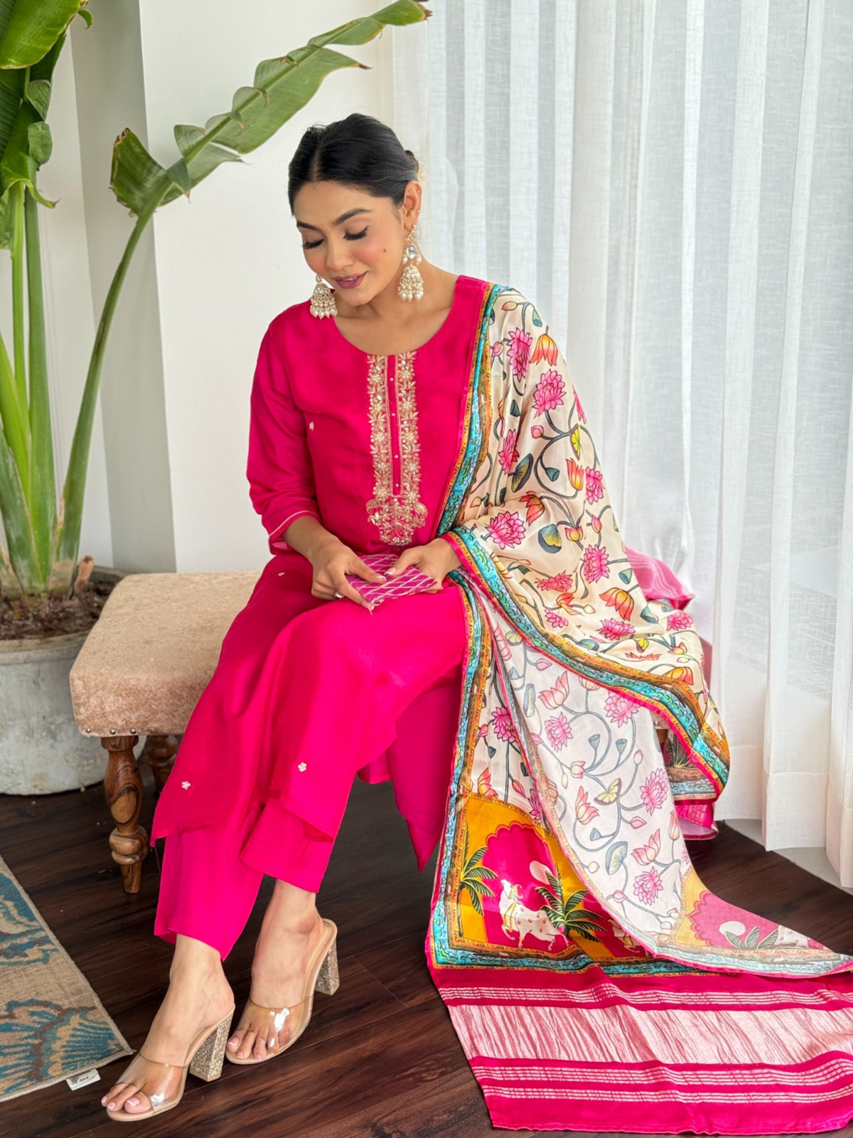 Premium Fuchsia Dola Silk Suit with Gaji Silk Lakri Patta Dupatta