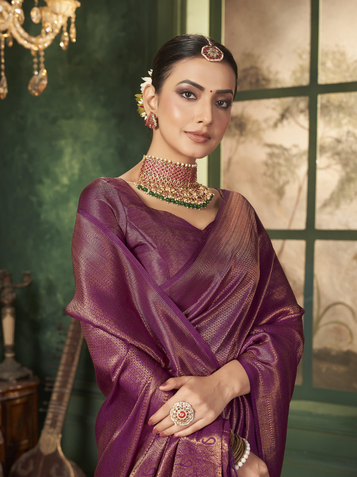 Purple Banarasi saree with zari and a matching stylish blouse, ideal for festive occasions.