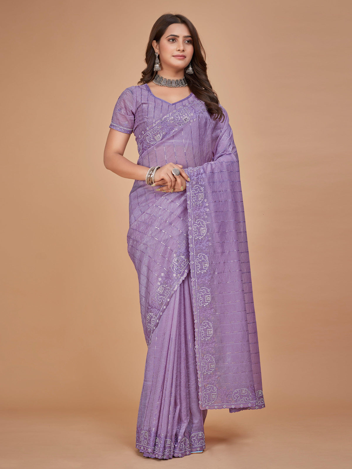 Purple Organza Crush Designer Saree With Designer Blouse