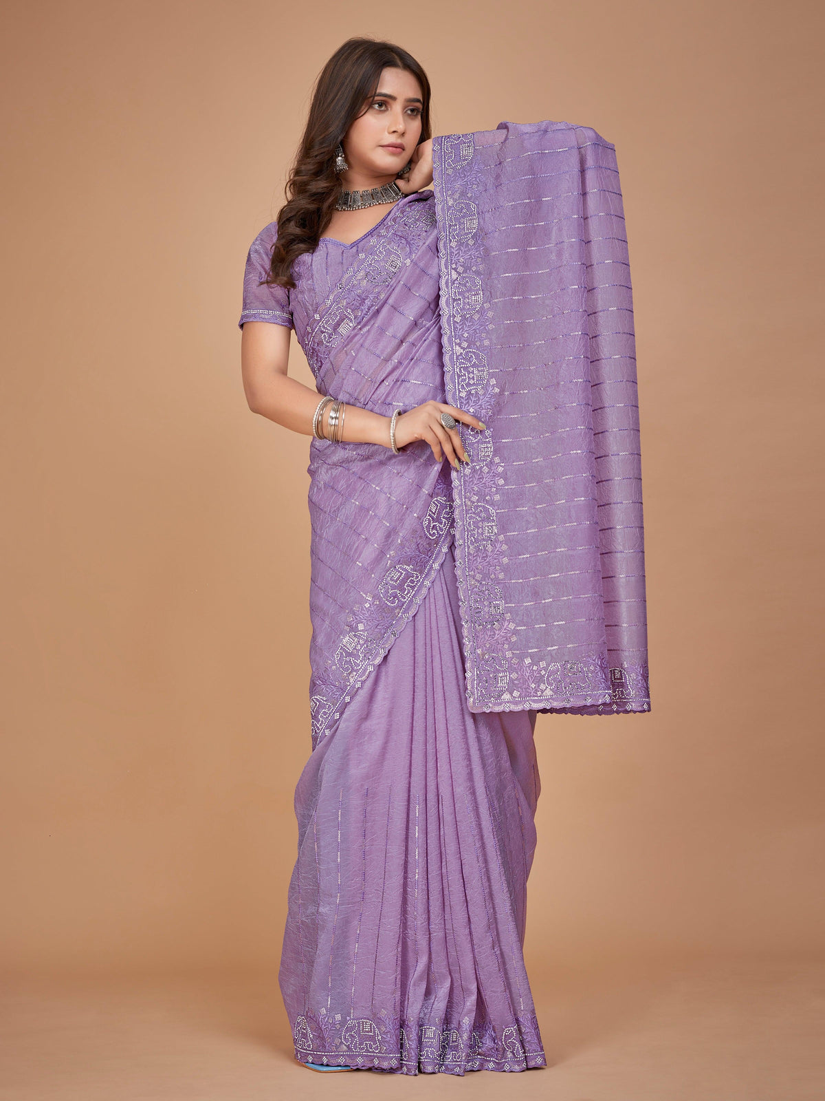 Purple Organza Crush Designer Saree With Designer Blouse