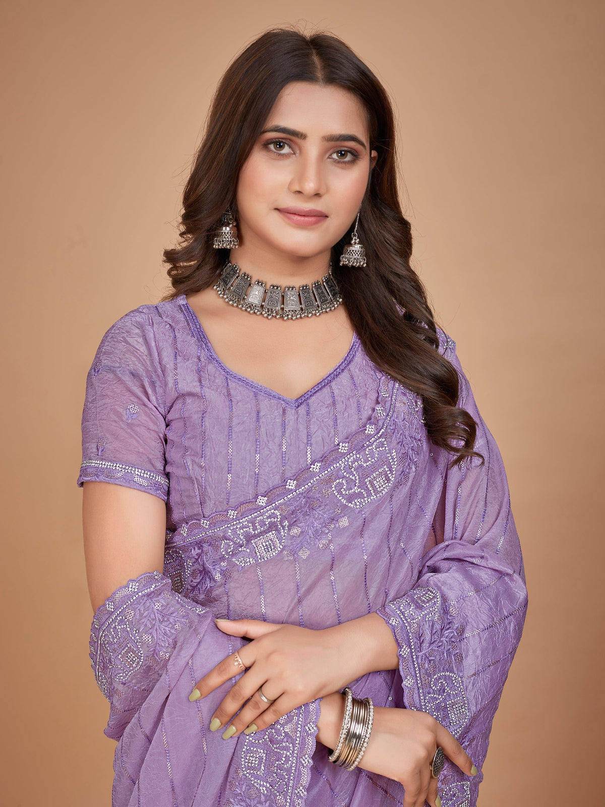 Purple Organza Crush Designer Saree With Designer Blouse