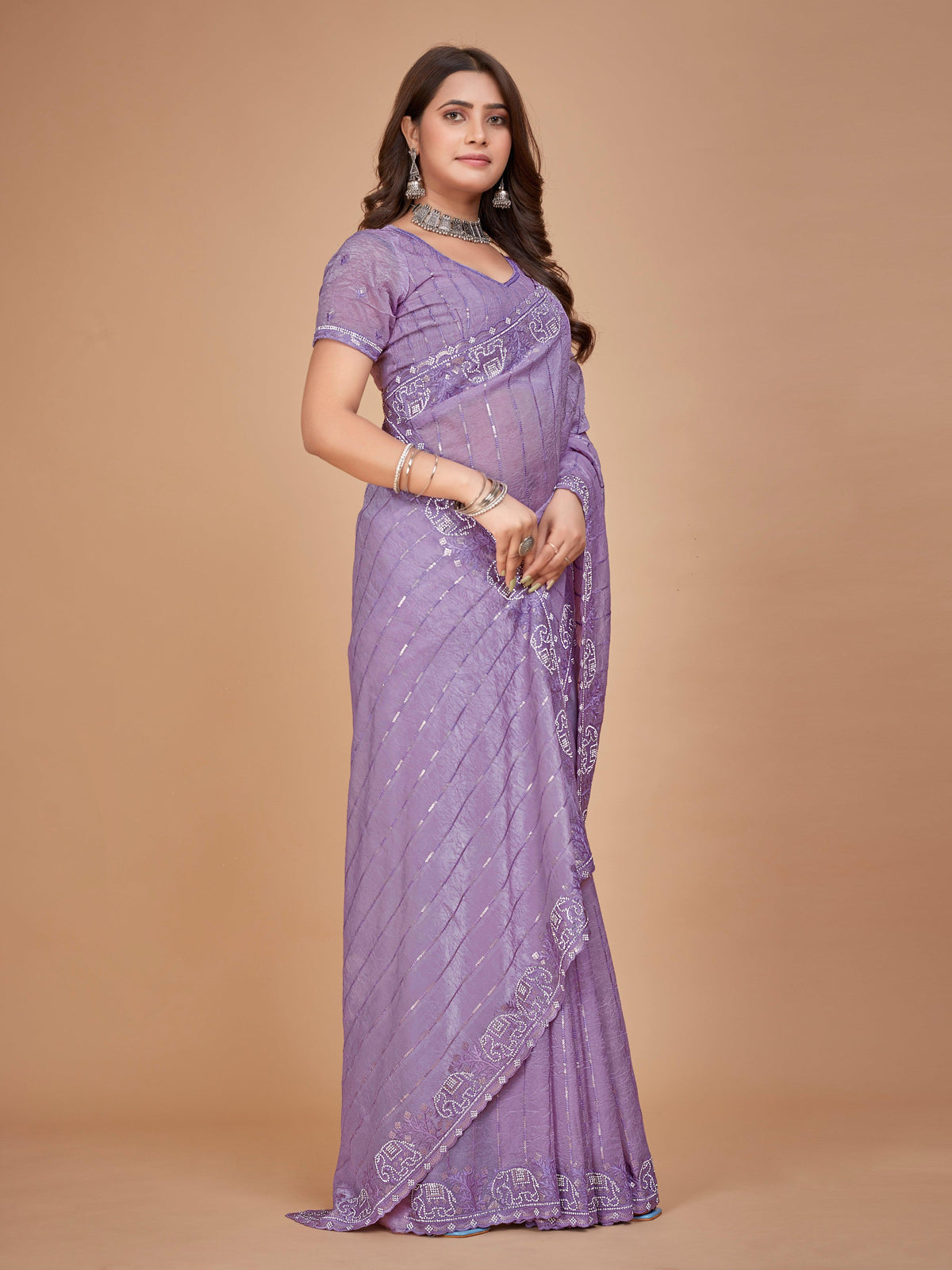 Purple Organza Crush Designer Saree With Designer Blouse