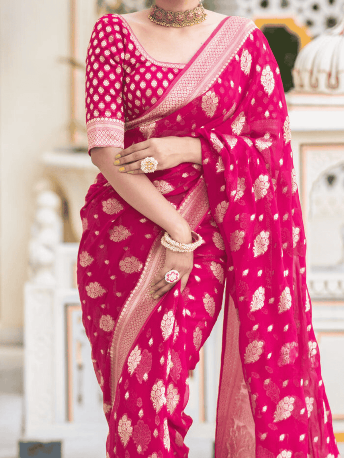 Queen Pink Splendor Georgette Saree with Banarasi Khaddi Patterns