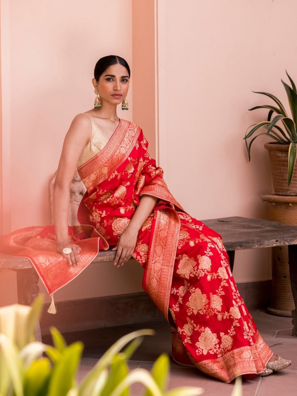 Radiant Red Banarasi Dola Silk Saree with Floral Zari