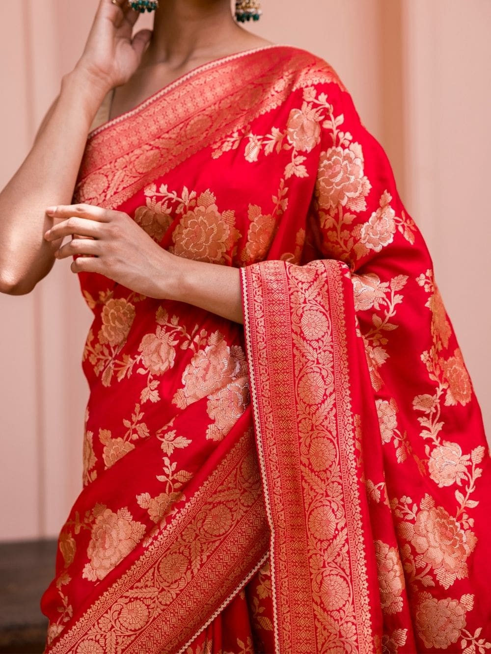Radiant Red Banarasi Dola Silk Saree with Floral Zari