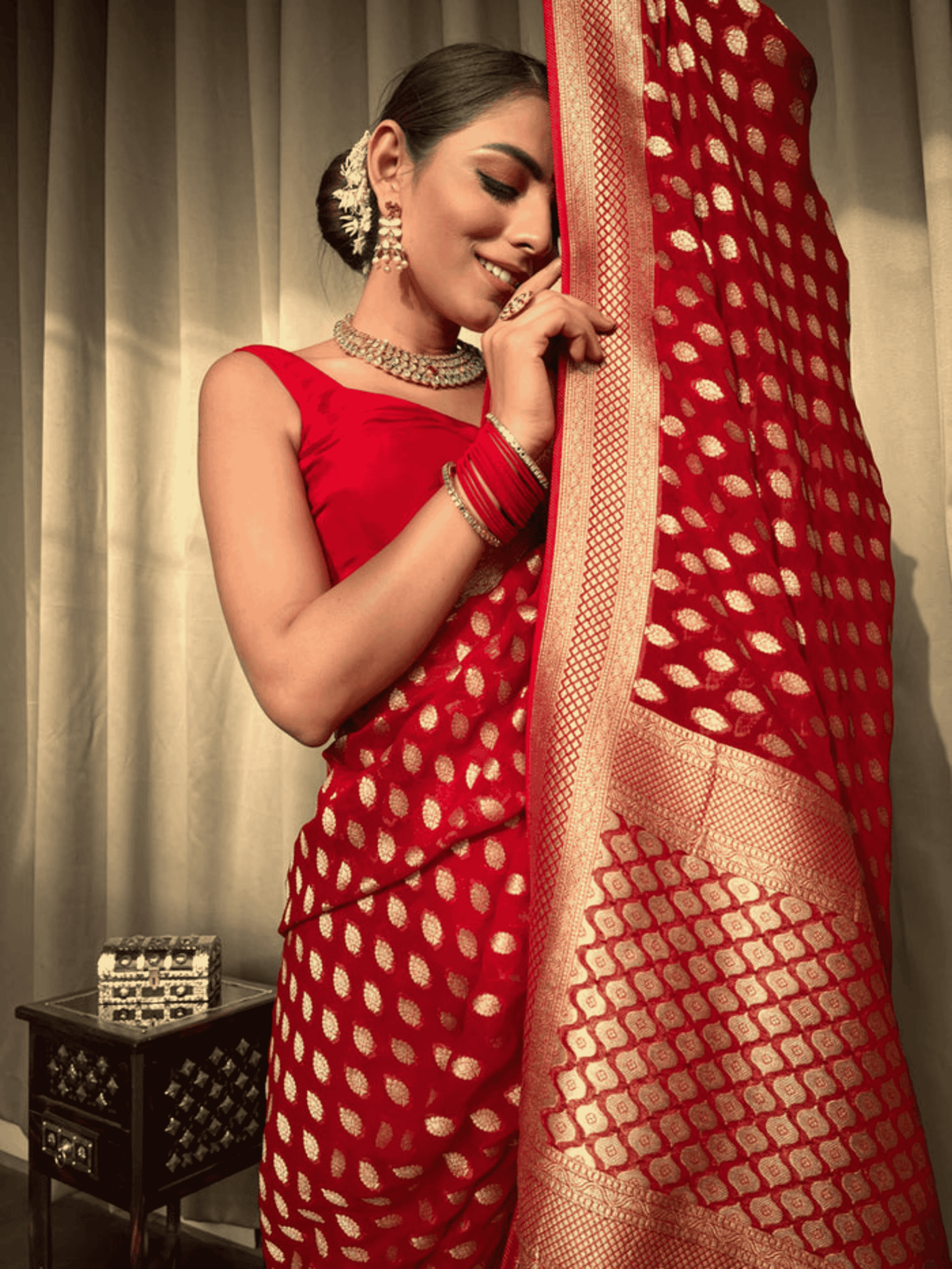 Red Banarasi Khaddi Weaved Georgette Saree with zari weave