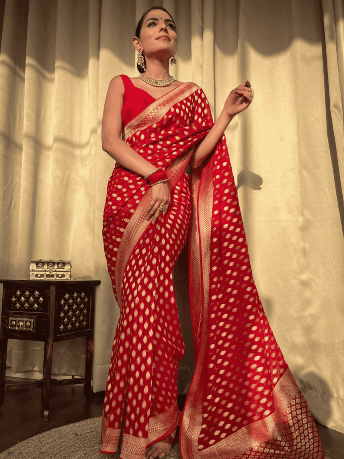 Red Banarasi Khaddi Weaved Georgette Saree with zari weave