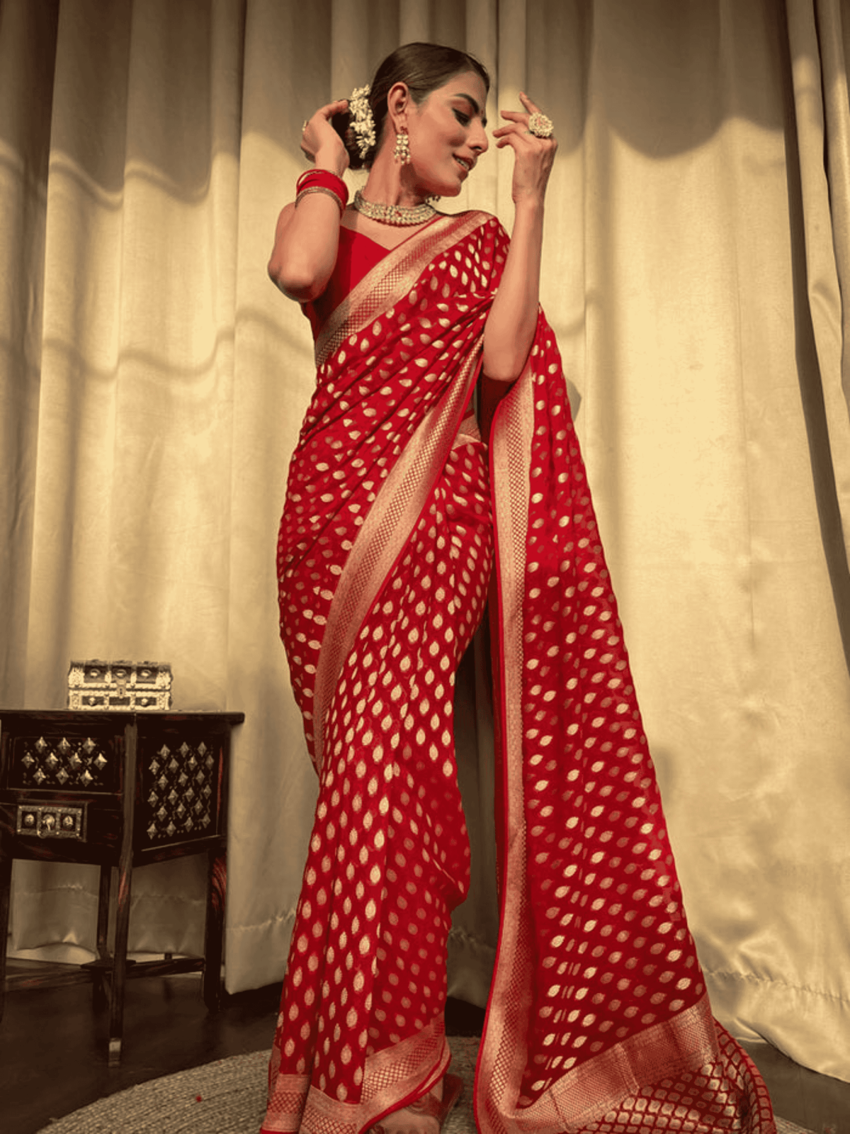 Red Banarasi Khaddi Weaved Georgette Saree with zari weave