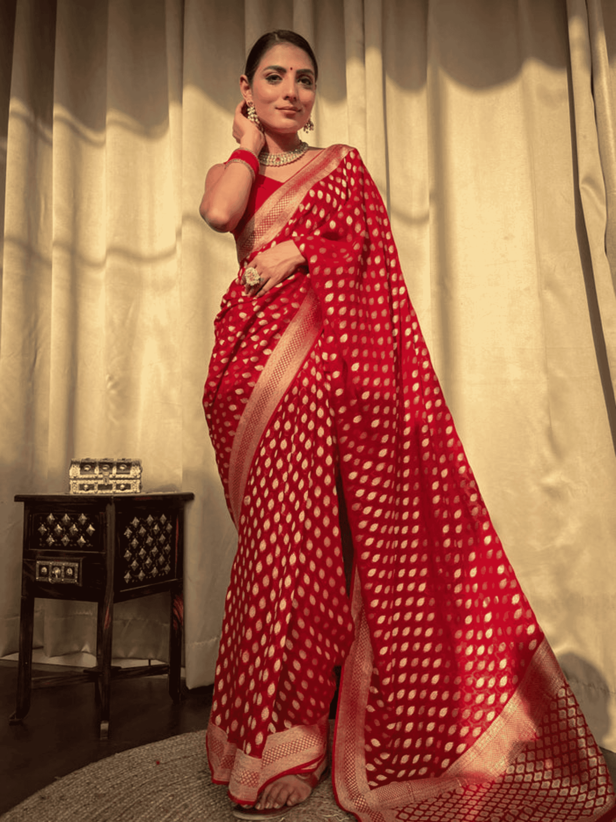 Red Banarasi Khaddi Weaved Georgette Saree with zari weave