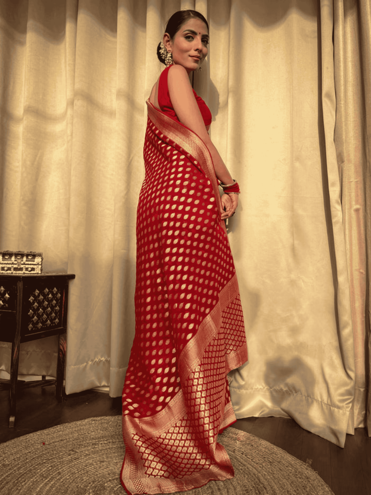 Red Banarasi Khaddi Weaved Georgette Saree with zari weave