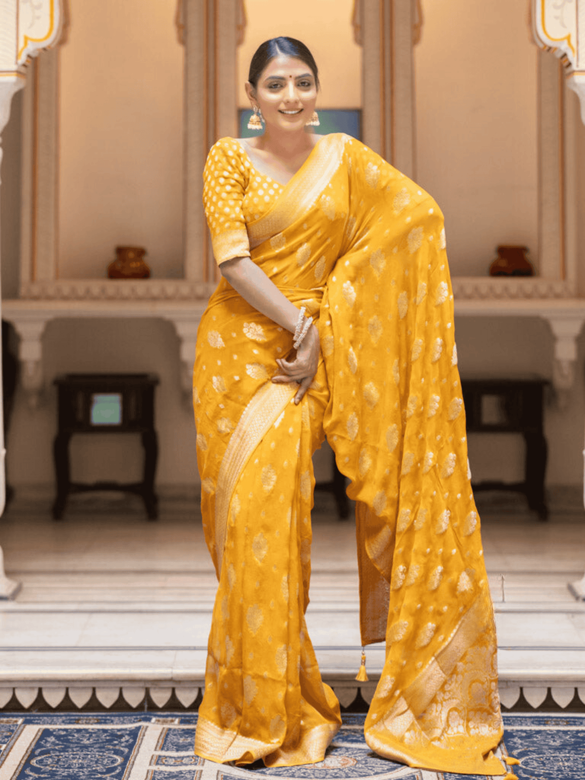 Regal Mustard Yellow Banarasi Khaddi Georgette Saree with Gold Zari Embellishments