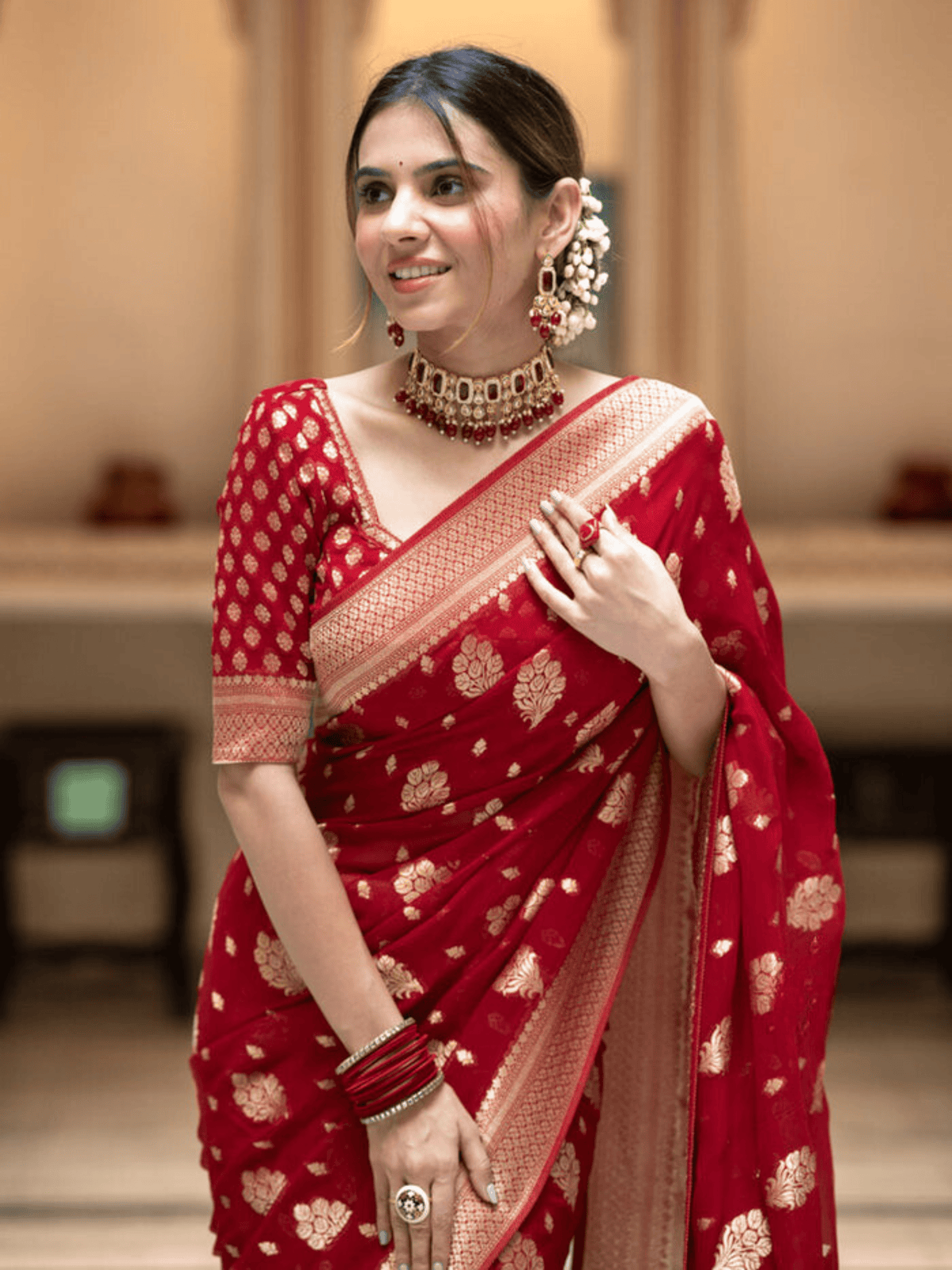 Scarlet Red Georgette Saree with Banarasi Khaddi Patterns